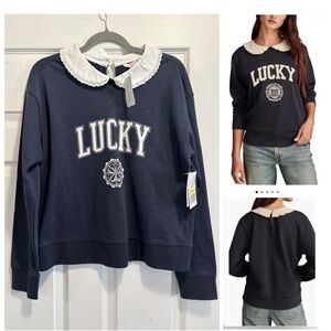NWT Lucky Brand Peter Pan Collared Sweatshirt Navy Blue Women's Small Brand New